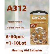Hearing Aid Batteries 6-60PCS / 1-10Cards RAYOVAC PEAK 1.45V 312 312A A312 PR41 Zinc Air Battery For