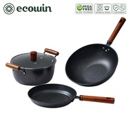 ecowin 4pcs iron Cookware Set Non Stick 26cm Frying Pan + 26cm Soup pot + 30cm Wok Set Suitable for 