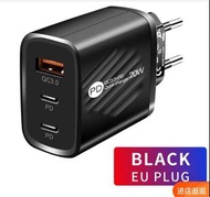 美國規格插頭 雙Type C手机充电器 雙TYPE-C + 1 USB充电頭 EU 歐洲適用 歐洲規格