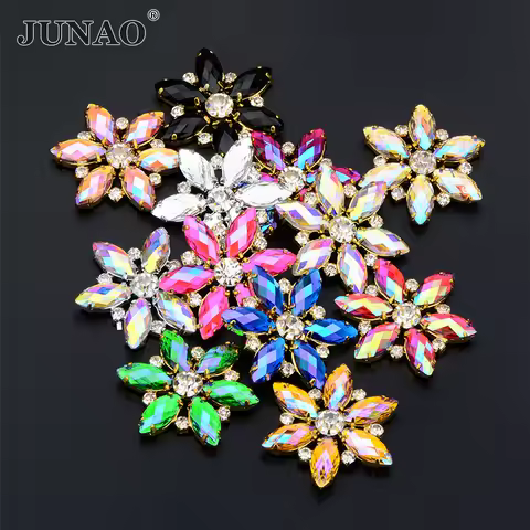 JUNAO 1pc 36mm Sew On Pink AB Glass Flower Rhinestones Gold Claw Crystal Applique Flatback Strass Se