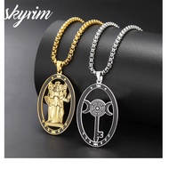 SKYRIM Stainless Steel Triple Moon Goddess Pendant Necklace Box Chain Hollow Wheel of Hecate Choker 