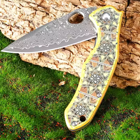 EDC Knife Damascus steel knife 59 HRC Blade Aluminum plate + 3D printing Handle Ball bearing Folding