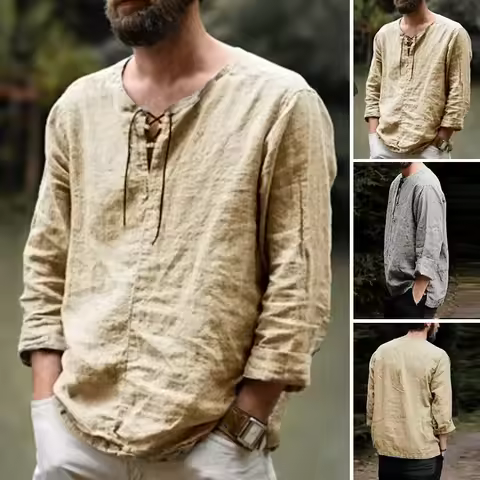 Summer new men's Renaissance chest string shirt medieval Viking top cotton linen shirt men's long sl