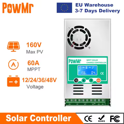 PowMr MPPT 60A Solar Charge Controller Solar Panel Regulator 12V 24V 36V 48V Auto Max PV 190VDC For