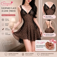 (40kg – 60kg) Vivi Sexy Lingerie V Neck Leopard A-Line Nightwear Dress Baju Seksi Wanita 豹纹深V收腰睡裙
