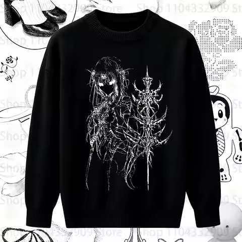 Aesthetic clothing 2000s clothing Y2k anime pattern sweater Y2k top women's knitted sweater Gothic 9
