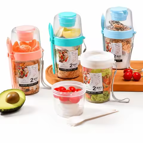 Double Layer Salad Cup Portable Leakproof Breakfast Container Fork Fruit Yogurt Cereal Bottle Air Fr