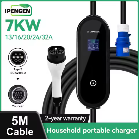 IPENGEN 7KW Type2 Portable EV Charger 5M Cable EVSE Charging CEE Plug for Electric Car 13A-16A-20A-2