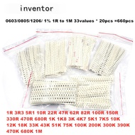 33valuesX 20pcs=660pcs 0603 0805 1206 Resistor Kit Assorted 1R to 1M ohm 1% SMD Sample Kit DIY