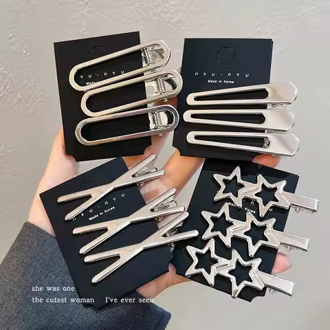 2/3Pcs/Set Y2K Silver Metal Hairpin for Women Girls Star Hair Clips Multiple Styles Seamless Duckbil