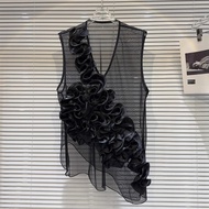 24-09906 Women's Tops. Women's Three-Dimensional Flower Mesh Transparent V-Neck Vest