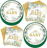 100Pcs Sage Greenery Baby Shower Party Supplies 7"Oh Baby Paper Plates and Sage Greenery Napkins for