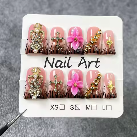 10Pcs/set French Duckbill Handmade Press on Nails 3D Flower Fake Nails Zebra Print Wearable Stick-on