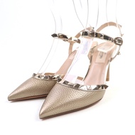 【5積分】全新未使用★ Valentino Garavani Garavani Rockstud鉚釘踝帶尖頭皮革高跟鞋，青銅色，35碼，附防塵袋，義大利製造，女士