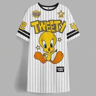 Plus Size Summer Casual Striped Letter & Tweety Bird Print Round Neck Short Sleeve Tee Dress Festiva