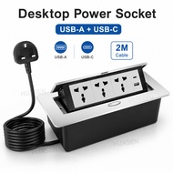 Desktop Power Socket Pop Up Table Outlet with USB-C PD 15W USB-A QC3.0 UK Plug 2M Cable Aluminum All