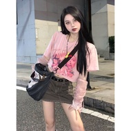 MERAH Jelitaceria JelitaCeria Pink print T-shirt crop top+ Sunscreen Sleeve Women Korean style/y2k o