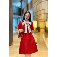 Lady Scratched Lace-Up Dress With Bow Tie Neck Printed Korean Style, High-Quality Designer Dress 1 Standard From