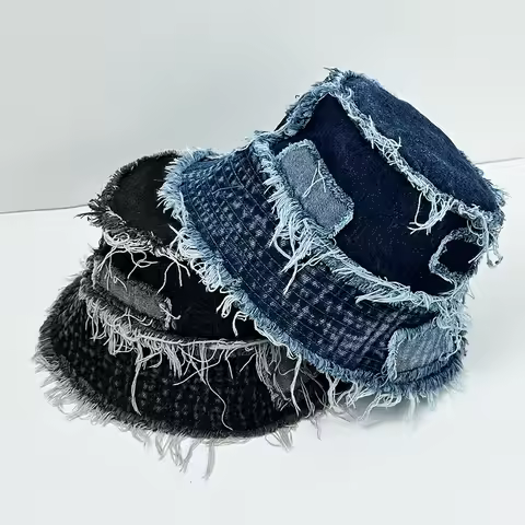 2025 Splicing Beggar Hat Japanese Unisex Fashion Street Fisherman Hat Denim Fringed Hat