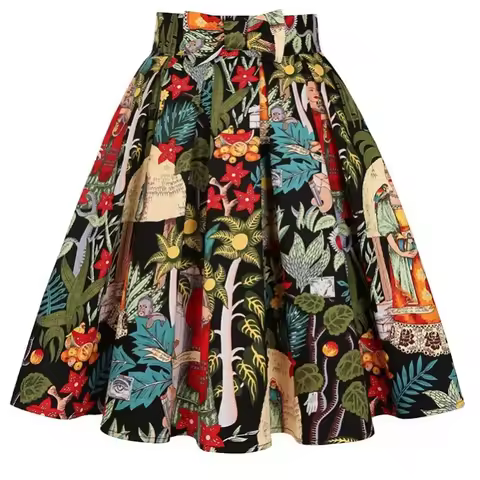 Women Vintage Frida Kahlo Print Skirt High Waist A-line Midi Skirts Bohemian Tropical Floral Pattern