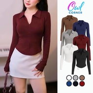 LONG-Sleeve T-Shirt with Zipper Collar Tear Drop Flap Ribbed Long Sleeve DD141, IOWA Bodycon Polo Co