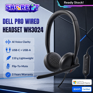 Dell WH3024 Pro Wired Headset Noise Cancellation Mic USB-C USB-A Gaming Home Student Business Office