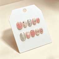 Y2K Pink Heart Short Square Press On Nails Cute Rhinestone Silver Rose Fake Nails