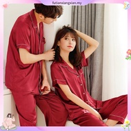 Plus Size M-5XL Couples Silk Satin Pyjamas Set Short Sleeve Sleepwear Female Male Pajamas Suit Buja 