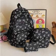 3pcs Nylon Bow Print Backpack Set,Foldable Multi-Po Cket Large CapacityWater-Resistant Zipper Backpa