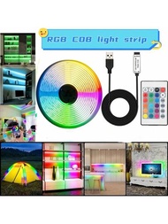 1條5V USB RGB COB LED燈條9.8ft/3m彩色變換燈條，電視背景多色彩RGB柔性LED燈帶，櫥櫃COB LED，政府電視LED背光，與電視聲音同步的LED燈，附遙控器和應用控制，適用於臥室、廚房和家居DIY照明（1M/576LED）