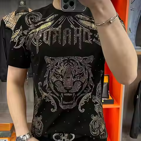 Summer Hot Drill Tiger Pattern Short Sleeve Tshirt Men Tide Brand Leisure Top Tshirt For Men Social 