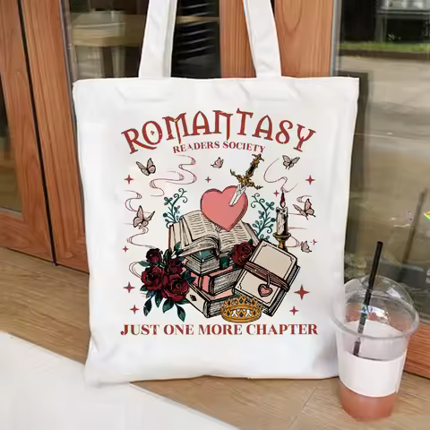 Romantasy Book Tote Bag Canvas Tote Bag Shoulder Bag with Makeup Bag Literary School Handbag Casual