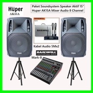 PAKET SOUNDSYSTEM SPEAKER 15 INCH HUPER AK15A MIXER 8 CHANNEL