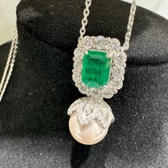 925 Silver Lab-grown Emerald Earring Necklace Set 10mm Natural Freshwater Pearl Full Diamond Ear Stu