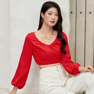 Branché Blouses Long Sleeve V-neck Red Romantic Fashion T-Shirts เสื้อผู้หญิง เสื้อเชิ้ตแขนยาว สีดำ 