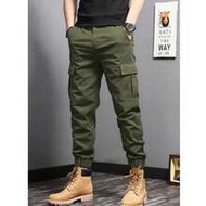 Men's Casual Outdoor Cargo Pants, Solid Color Ankle Tie Multifunctional Pockets 3/4 Pants, Minimalis