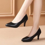 heels bertutup high heels Empat musim kasut tunggal kasut kerja kulit lembut wanita etika hitam temu