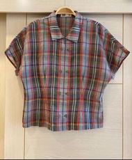 日本購入帶回 日本製 DAKS 正品 英倫風格紋雙排釦短袖棉麻上衣/罩衫（女）