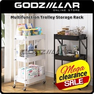 (Raya Sale) Multifunction 3 Tier Trolley Storage Rack Foldable Trolley Lockable Rack 4 Wheels Multipurpose Storage