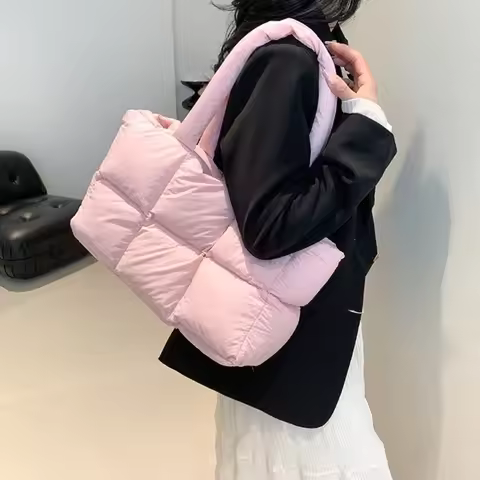Trendy Solid Color Aesthetic Puffy Bags Large Capacity Soft Cloud Tote Bag Checkered Puffy Shoulder 