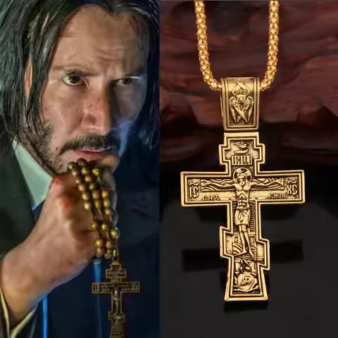 Movie John Wick Jesus Cross Necklace Crucifix Eastern Orthodox Prayer Big Pendant For Men Women Jewe