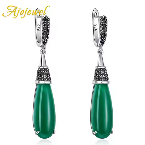 Ajojewel Green Stone Vintage Earrings Woman Old Style Silver-color Hollow Design Ear Drops