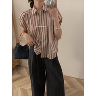 Now Striped Shirt Flower Bud Sleeve Tencel Robe Puff Princess Contrast Color Short Top C60138 IMISS 