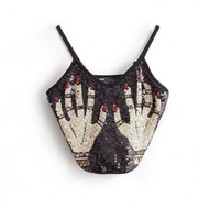 แฟชั่นผู้หญิง Crop Tops ฤดูร้อนใหม่ปาล์มลูกปัดเลื่อมสปาเก็ตตี้สีดำสั้น T เสื้อผู้หญิง Y Top