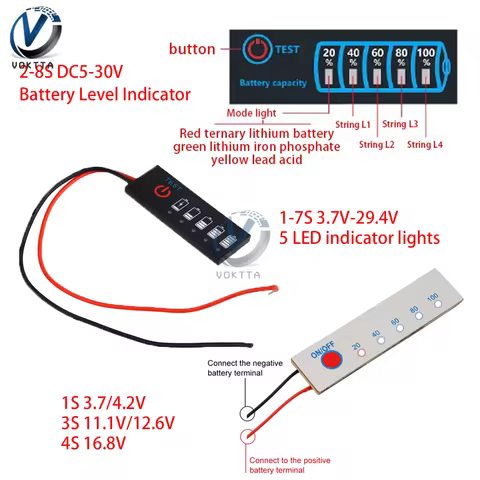 1-8S Battery Level Indicator 18650 Lipo Li-ion Capacity Board Charging Tester 5 LED Indicator Lights