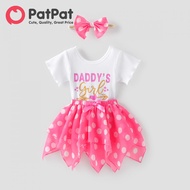 PatPat Baby Girl 3pcs Letter Print Romper and Polka dots Skirts and Headband Set