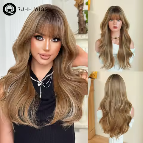7JHH WIGS Long Body Wave Blonde Wig for Women Modest Fashion High Density Synthetic Golden Highlight