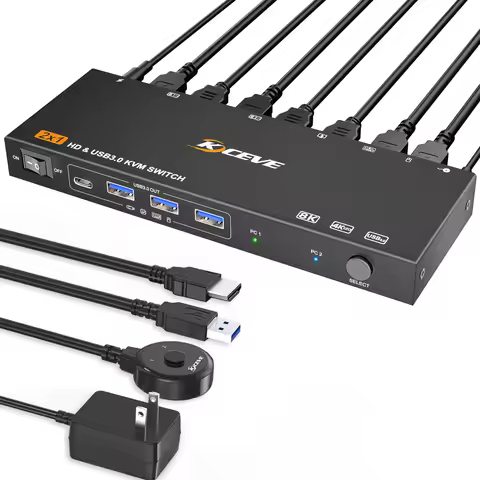 8K KVM HDMI Switch 2 Port,KCEVE USB 3.0 KVM Switch Support 7680x4320@60Hz, 4K@120Hz for 2 Computers 