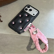 Classy Leather Grain Pink Polka Dot Bow Wrist Strap Suitable For iPhone 17 16 15 14 13 Pro Max i15 i