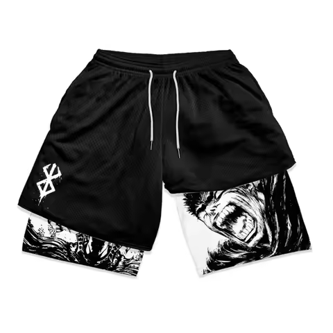 Men Quick Dry 2 in 1 Running Shorts 3D Berserk Print Gym Workout Fitness Athletic Shorts with Pocket